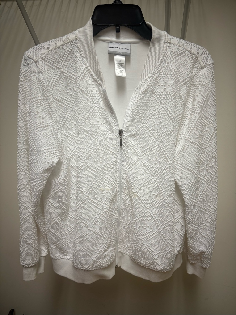 Alfred Dunner White Crochet Bomber Cardigan Jacket